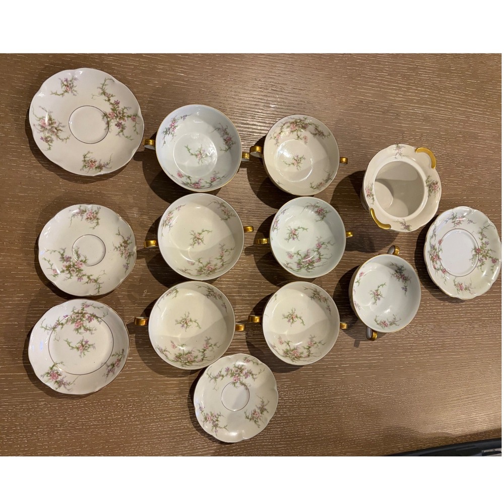 Haviland Rosalinde Cream Soup Bowls and Saucers 12pc Lot Pink Roses Gold Trim